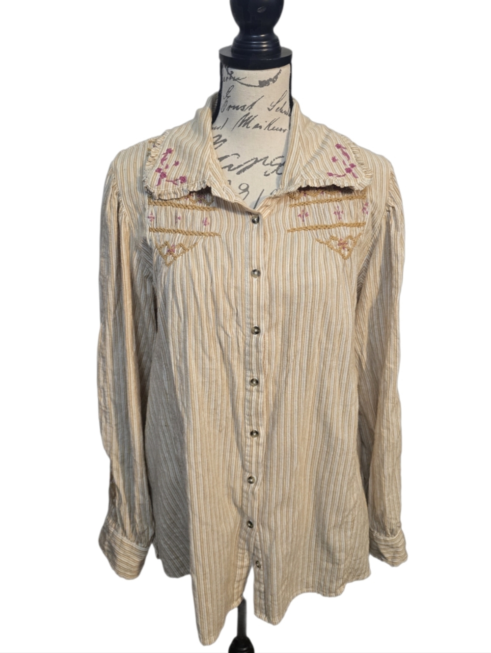 FREE People Button-Up Shirt with Embroidered Yoke Sz XL